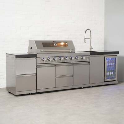 Draco Grills 6 Burner BBQ Modular Outdoor Kitchen with Double Drawers, Single Fridge and Sink Unit, Mid November 2024 / With Granite Side Panels