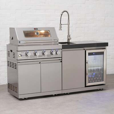 Draco Grills 4 Burner BBQ Modular Outdoor Kitchen with Sink and Fridge Unit, End of December 2024 / With Granite Side Panels