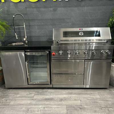 Ex Display Draco Grills 6 Burner Stainless Steel Outdoor Kitchen with Sink and Fridge Unit and Double Cupboard