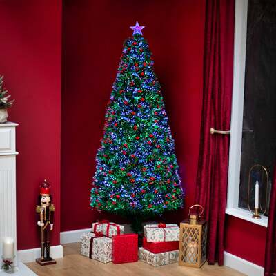 Green Fibre Optic Christmas Tree 2ft - 7ft with Multi Coloured Fibre Optic Lights and Red Berries, 2FT