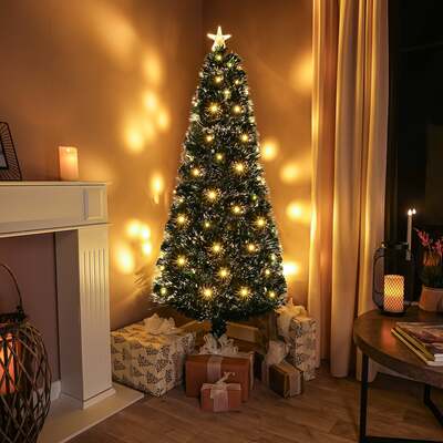 2ft - 7ft Green Fibre Optic Christmas Tree with Warm White LED's and Fibre Optic Lights, 6FT