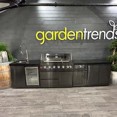 Ex Display Draco Grills 6 Burner Black Stainless Steel Outdoor Kitchen with Sink Unit and Double Fridge