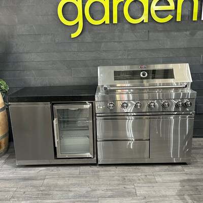 Ex Display Draco Grills 6 Burner Black Outdoor Kitchen with Stainless Steel Sink and Fridge Unit