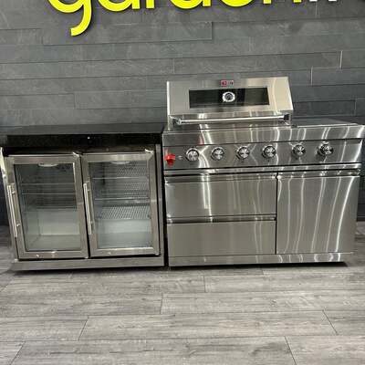 Ex Display Draco Grills 4 Burner Stainless Steel Outdoor Kitchen with Integrated Sear Station, Double Fridge Unit and Sink Unit