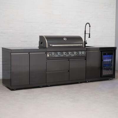 Draco Grills 6 Burner BBQ Black Stainless Steel Modular Outdoor Kitchen with Fridge and Sink Unit and Double Cabinet, Without Side Panels