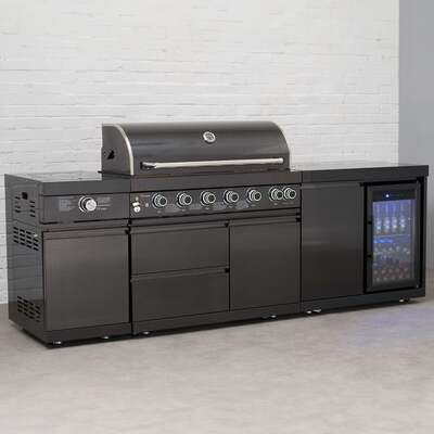 Draco Grills 6 Burner BBQ Black Stainless Steel Modular Outdoor Kitchen with Sear Station and Fridge Unit, Without Side Panels