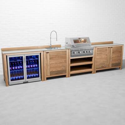 Draco Grills Teak 4 Burner Outdoor Kitchen with Modular Double Cupboard, Sink, Double Fridge, With Side Panels
