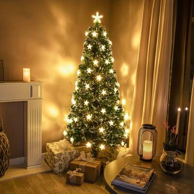 2ft - 6ft Green Fibre Optic Christmas Tree with Warm White Fibre Optics, LED Lights and Stars, 5FT