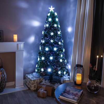 Green Fibre Optic Christmas Tree 2ft - 6ft with Multi Coloured Fibre Optics, White LED Lights and Snowflakes, 5FT