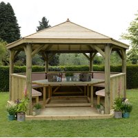 15'x13' (4.7x4m) Luxury Wooden Furnished Garden Gazebo with Timber Roof - Seats up to 19 people