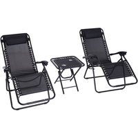 3PC Zero Gravity Chairs Sun Lounger Table Set w/ Cup Holders, Black Outsunny