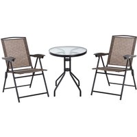 3 PCS Patio Furniture Bistro Set with Folding Chairs Tempered Glass Table Brown