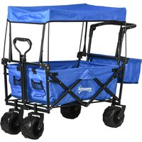 Trolley Cart Storage Wagon 4 Wheels w/ 2 Compartments Handle, Canopy, Blue