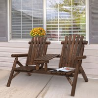 Wood Patio Chair Bench 2 Seats with Center Coffee Table, Garden Bench