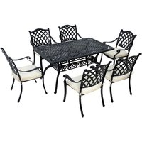 Outsunny 7-PC Cast Aluminium Patio Dining Set w/ Umbrella Hole & Cushion, Black
