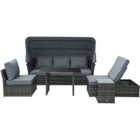 5 PCS Outdoor Rattan Reclining Adjustable Canopy Sets w/ Dining Table