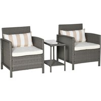 Rattan 2 Seater Patio Bistro Set with Cushion Pillow - Grey, Cream White