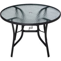 106cm Round Garden Dining Table with Parasol Hole Tempered Glass Top Steel Frame
