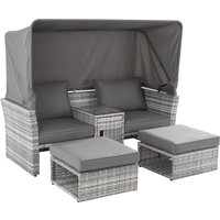 2 Seater Outdoor Rattan Daybed Sofa Footstool Coffee Table Set w/ Canopy